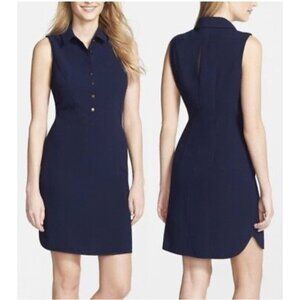 Tahari Levine Shirt Dress Navy Blue 10 Side Zip Keyhole Back Slit Shift Summer